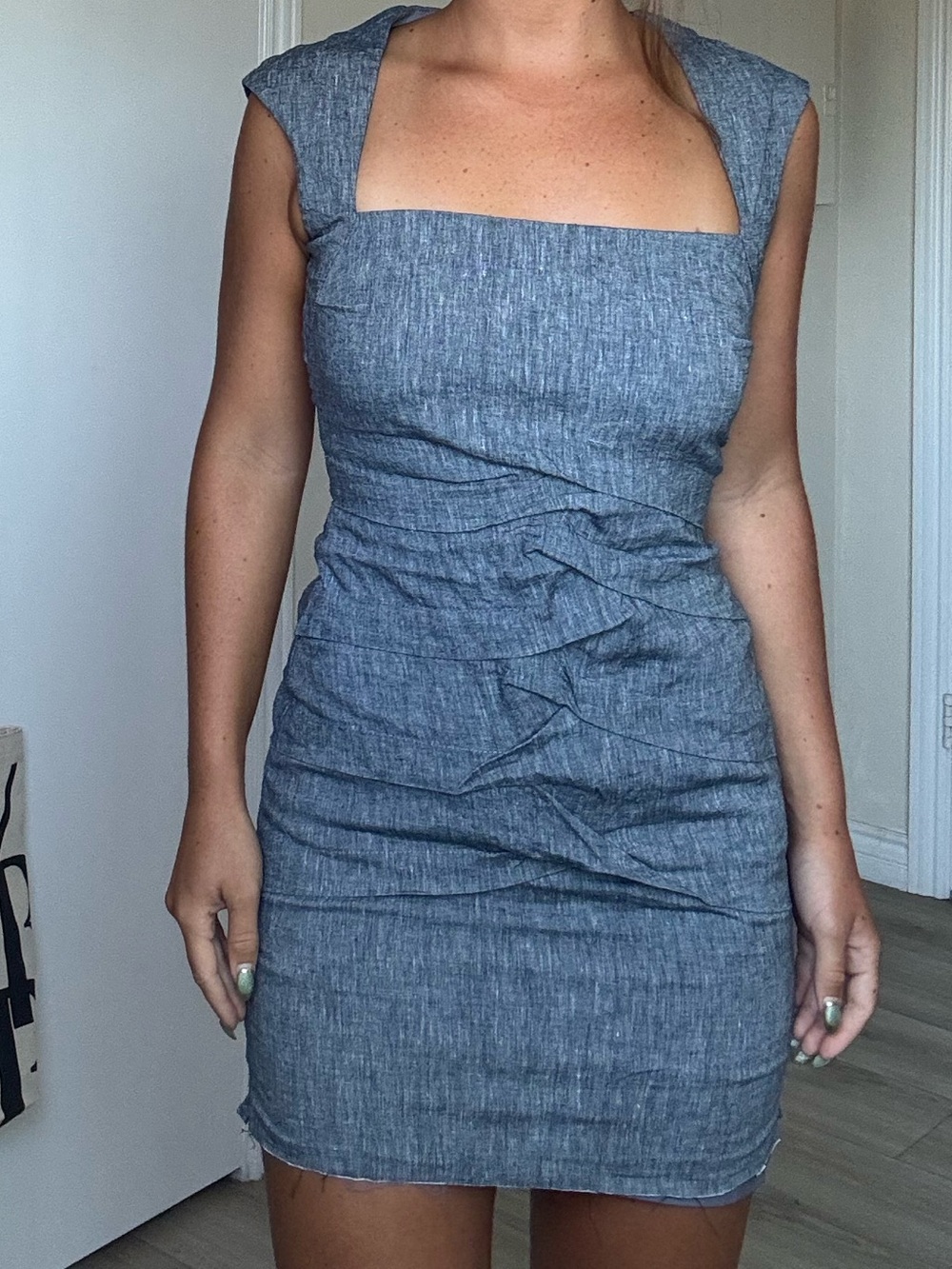 Nicole Miller Studio Square Neck Denim-Effect Mini Dress in Blue